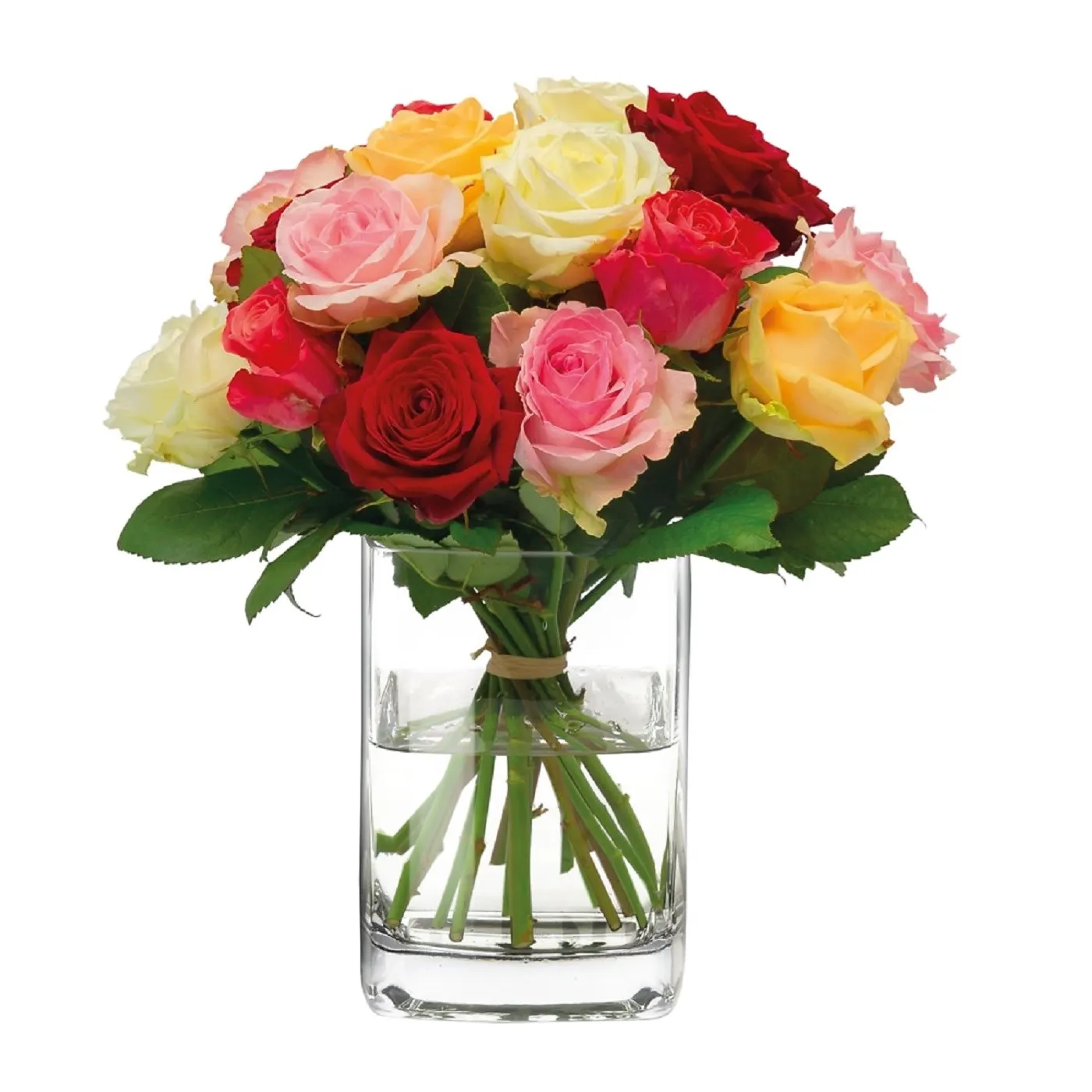 Round bouquet of mixed coloured Roses (at least 4 different colours) with some green filler