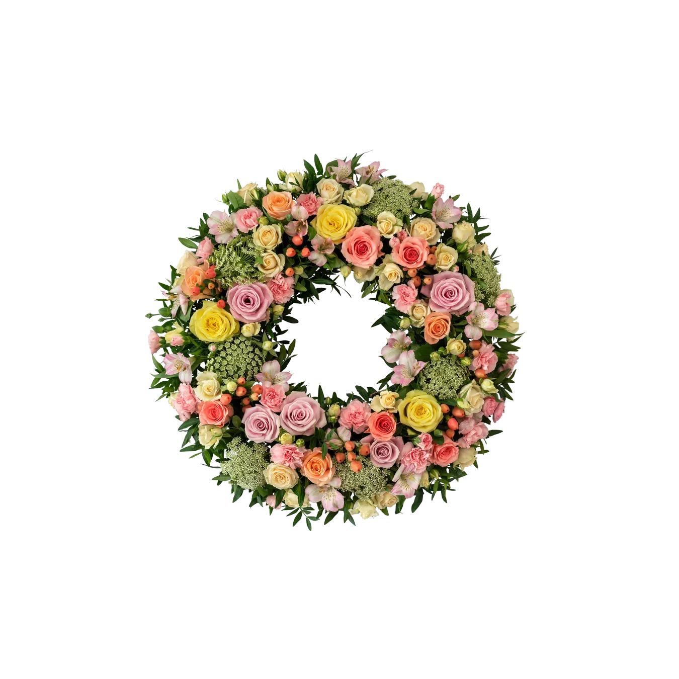 Wreath seasonal flowers with ribbon 240170
