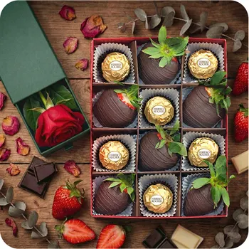 Dark And Gold Strawberries in Dark Chocolate with Ferrero Rocher + Red Rose