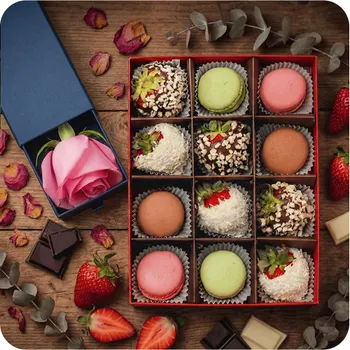 Strawberries in White and Milk Chocolate with Coconut and Nut Topping and Macaroons + Pink Rose