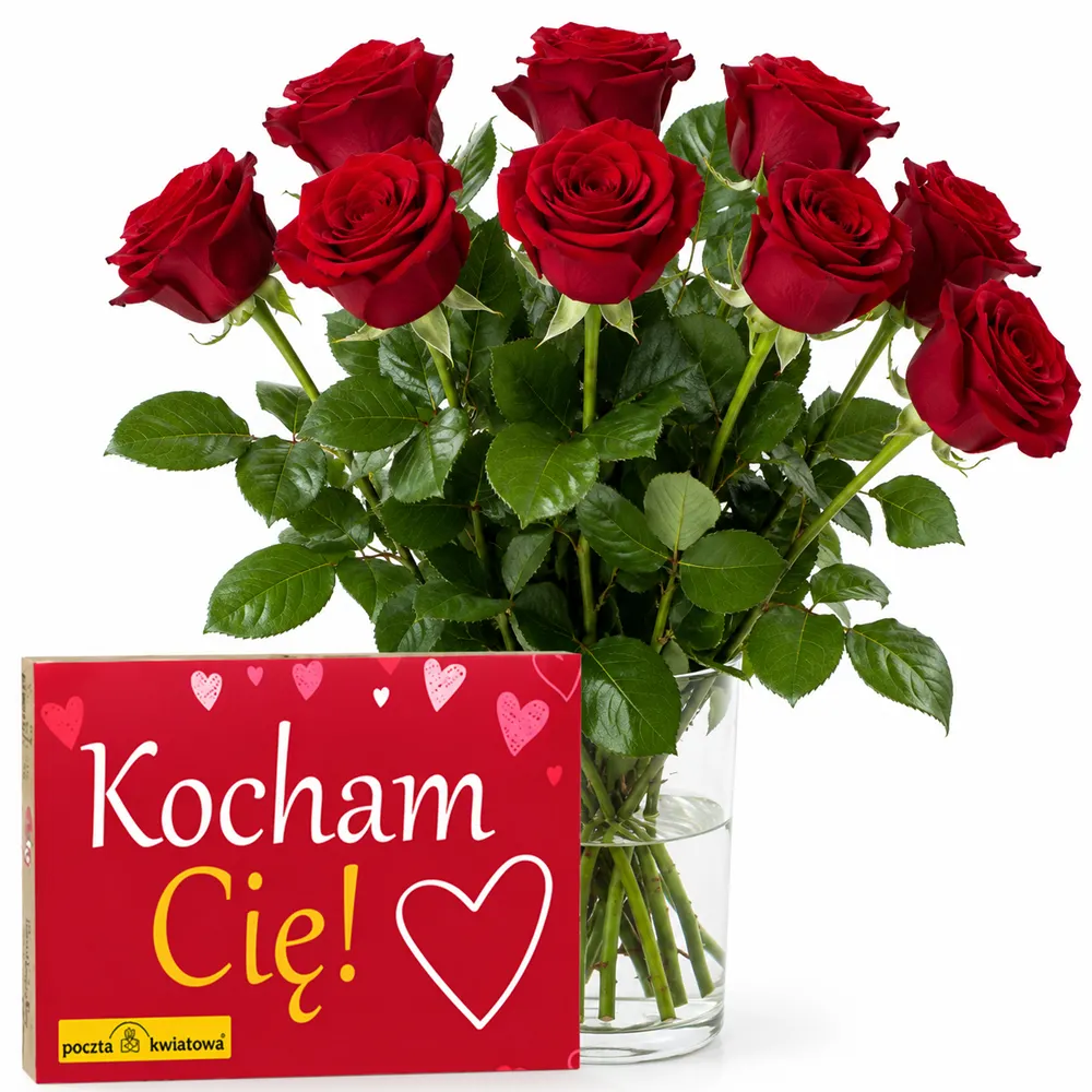 9 czerwonych róż + Kocham Cię