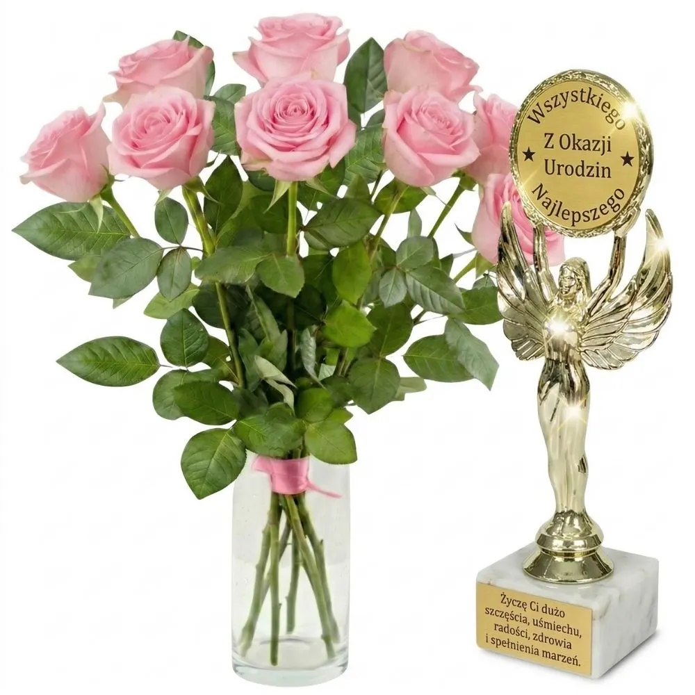 9 pink roses + birthday statuette
